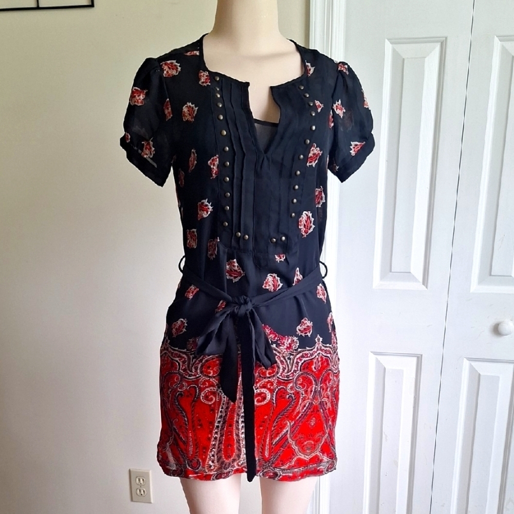 Charlotte Russe Black and Red Paisley Print Belted Dress Size S/M - Picture 1 of 9